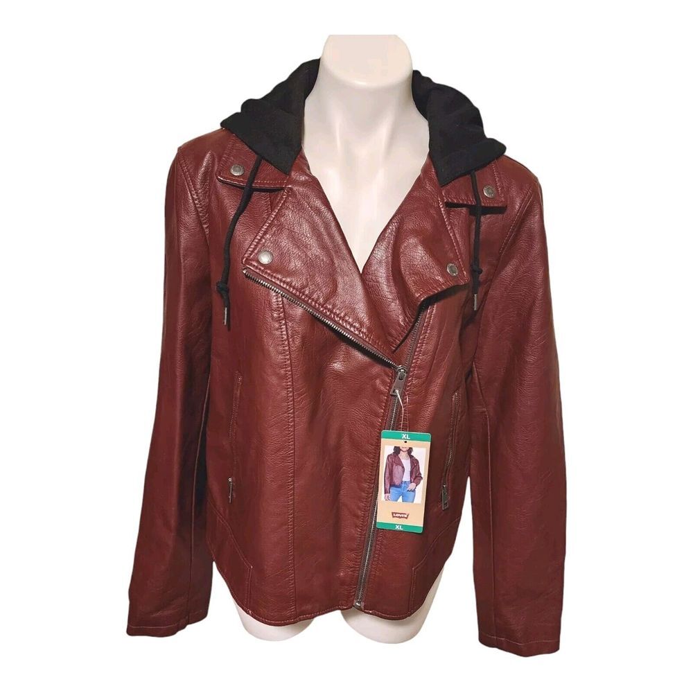Levi's Women's Faux Leather Moto Hooded Jacket 1631036 Burgundy Size XL‎ New